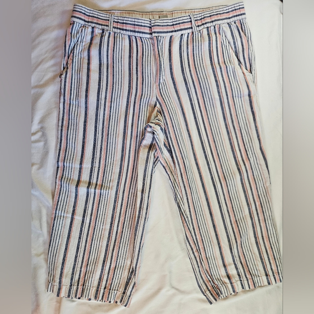Liz Claiborne Womens White & Pink/Blur Striped Linen Blend Capri Pants Size L